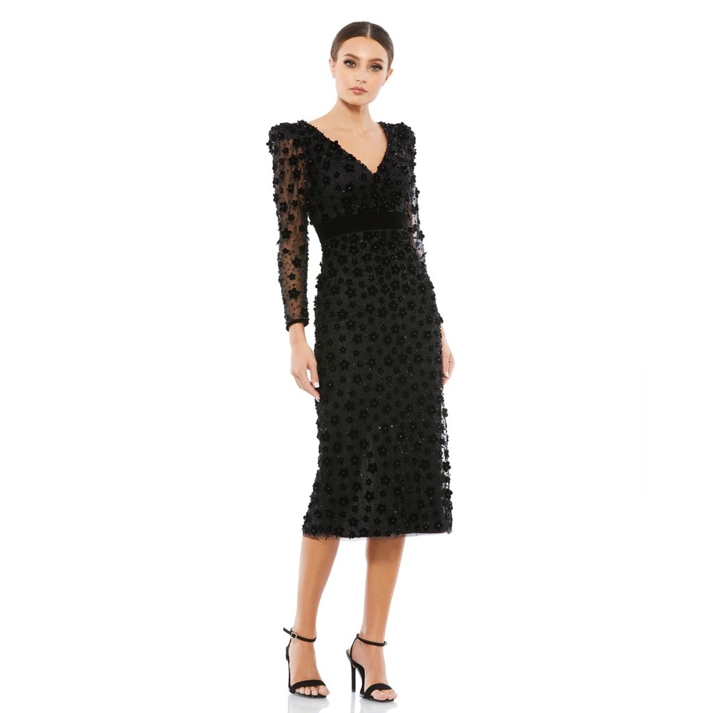 Mac Duggal EMBELLISHED V NECK ILLUSION LONG SLEEVE COLUMN MIDI